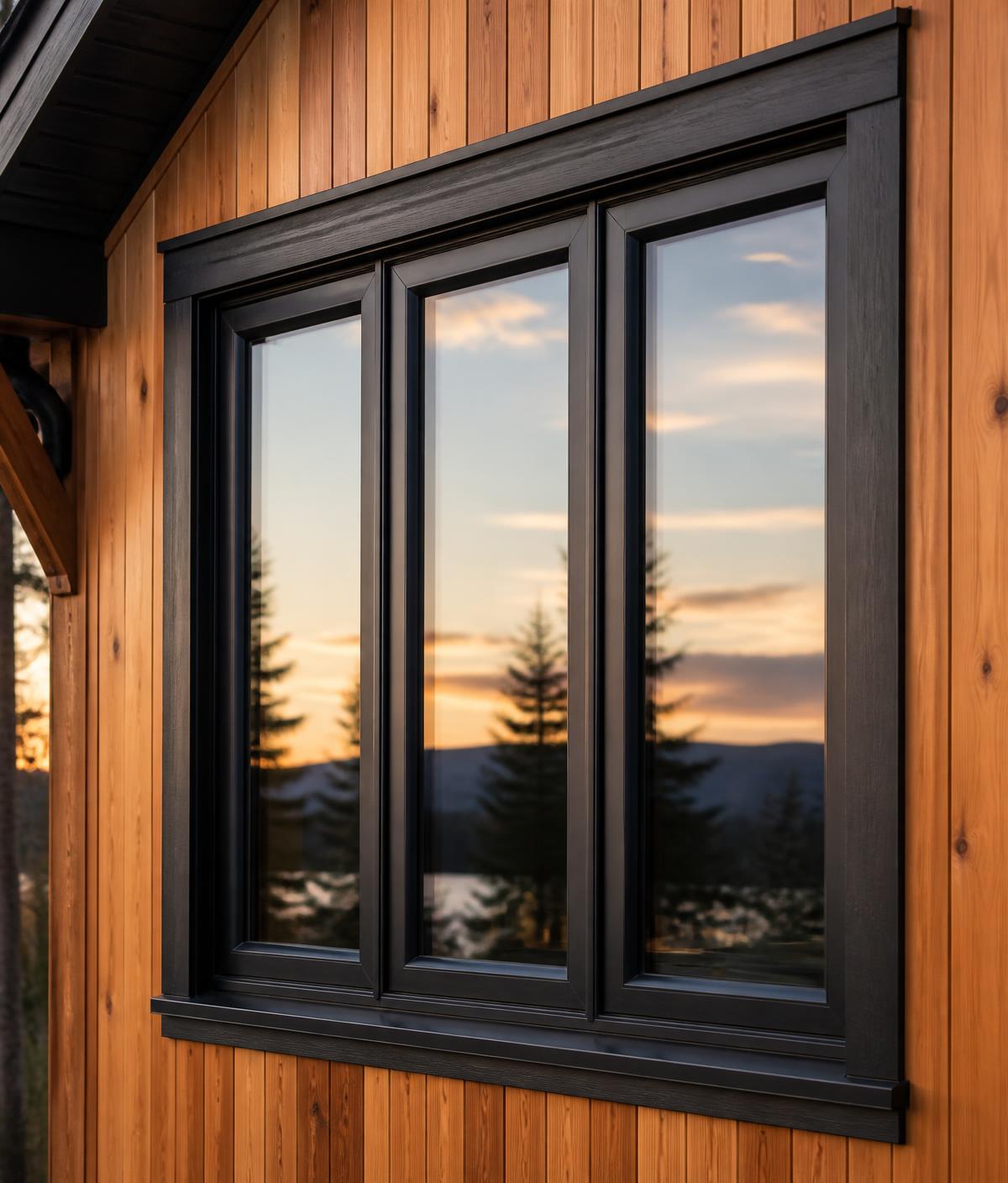 Black-framed triple-pane window set in cedar siding reflecting a prairie sunset