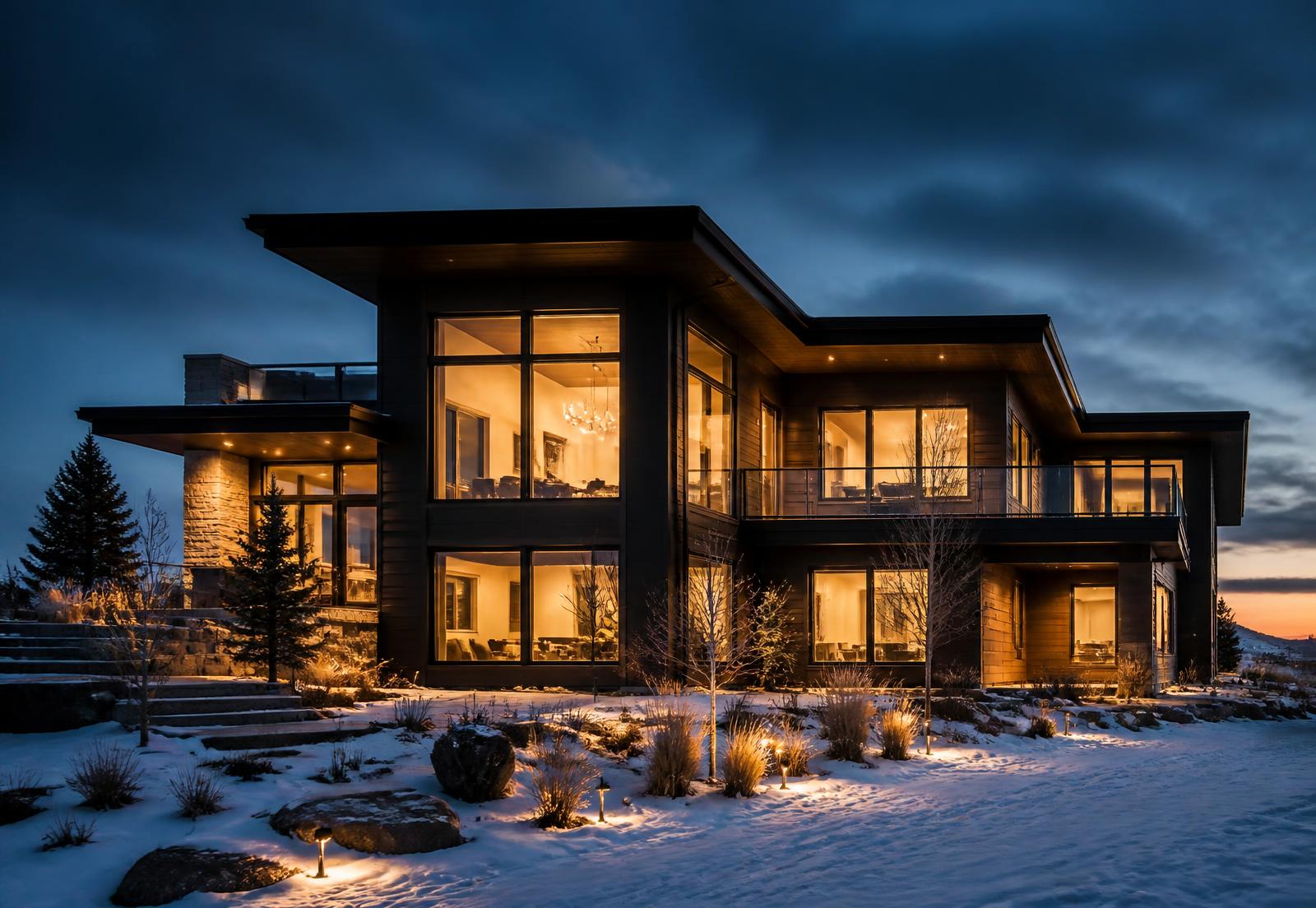 Modern home at dusk with large black-framed windows glowing warmly